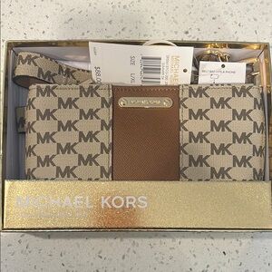 Michael Kors MK Logo Wristlet in Beige and Brown